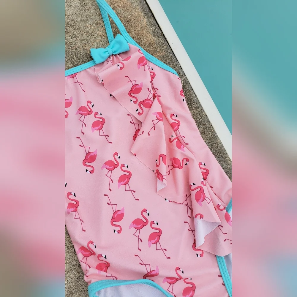 Girls pink flamingo print one piece - Picture 2 of 4